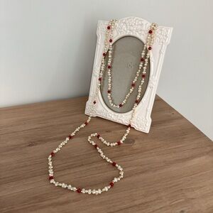 64.5” Long Freshwater Pearl Necklace With Red Beads And Gold Tone Spacers